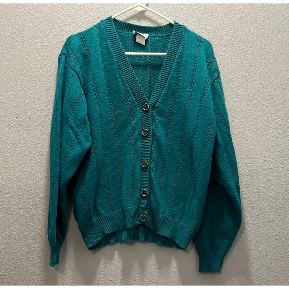 Vintage Cuddle Knit Cardigan Sweater Womens L Teal‎ Green Gold Buttons 90s